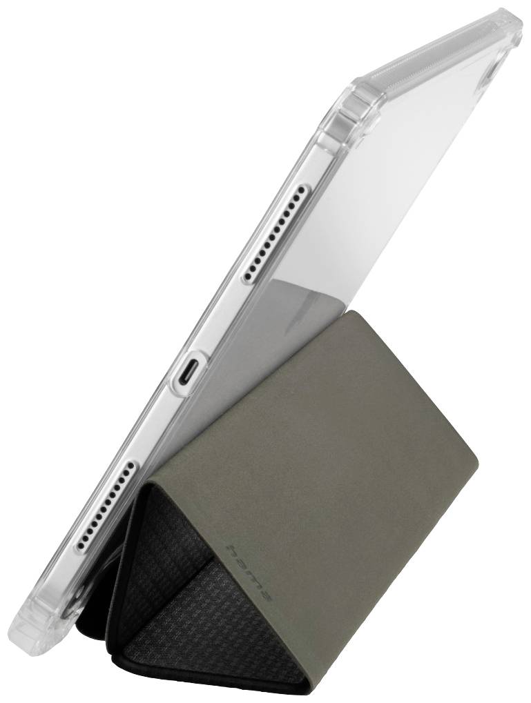 Transparentes Smartphone-Case mit integriertem, faltbarem Ständer. Das Gerät steht aufrecht und der Ständer ist stabil aufgestellt.