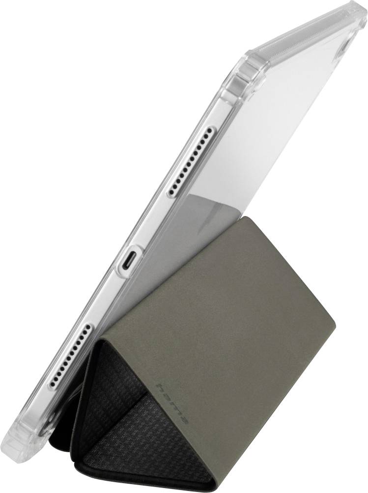 iPad mit transparentem Cover steht auf einem gefalteten, grauen Dreieck-Ständer, der als Halterung dient.