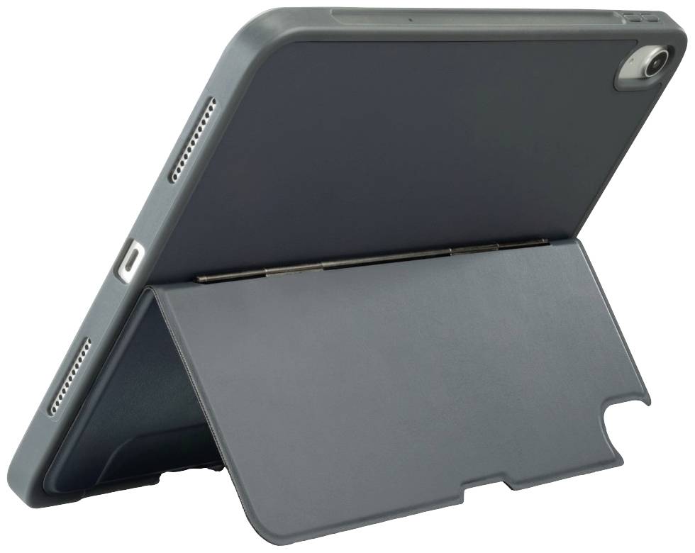 Ein Tablet mit dunkelgrauer Hülle steht auf einem Tisch. Die Hülle ist als Ständer ausgeklappt, um das Tablet in einem aufrechten Winkel zu halten.
