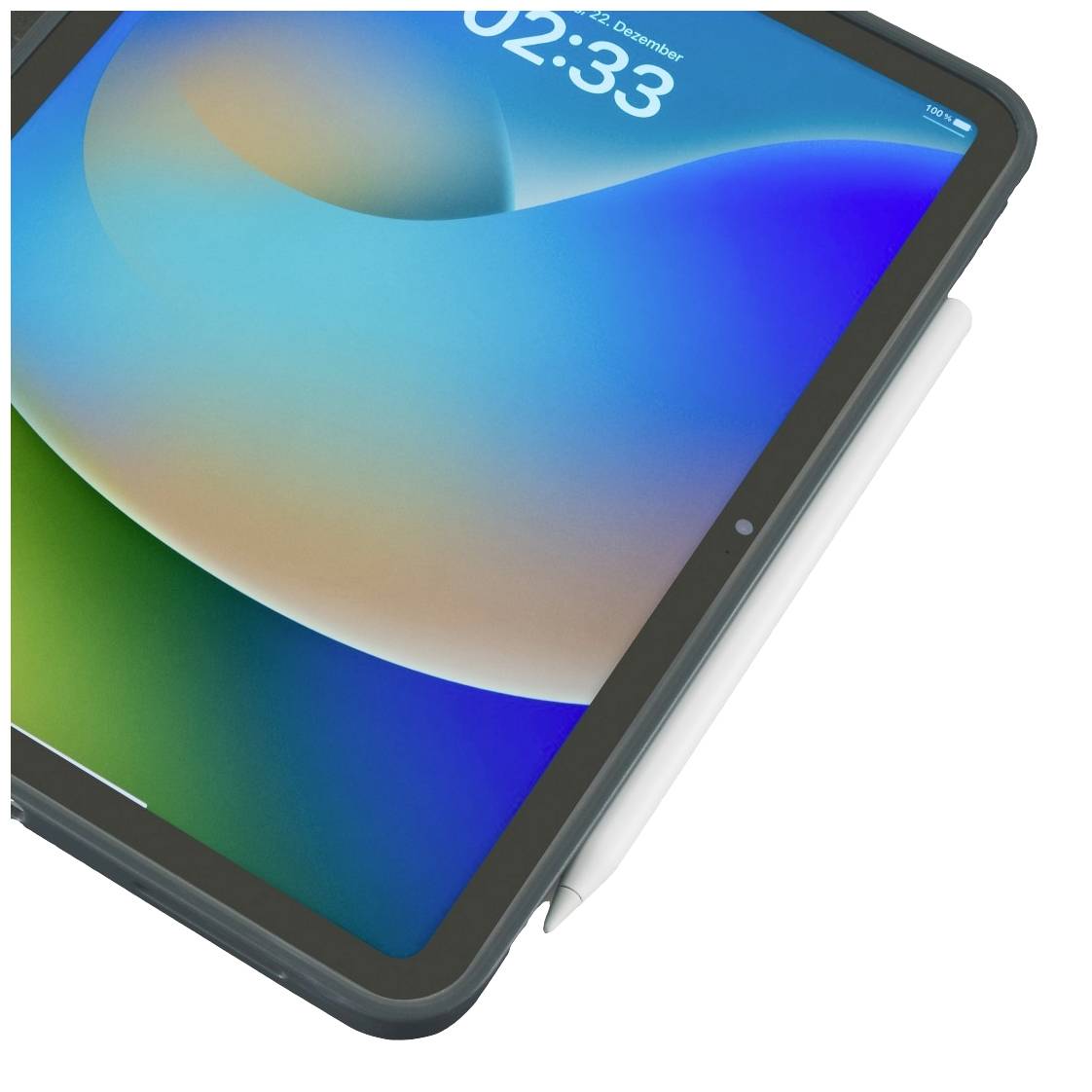 Ein Tablet mit angeschlossenem Stift zeigt einen bunten, abstrakten Hintergrund und die Uhrzeit 02:33 in der oberen rechten Ecke.