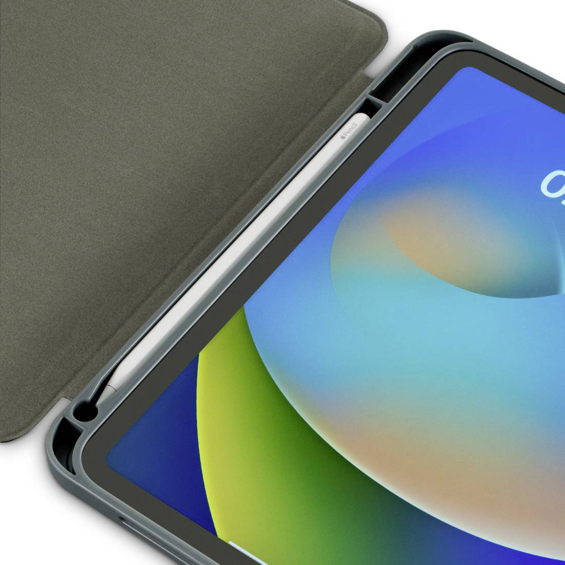 Smartphone mit teilweise sichtbarem Bildschirm und bunter Hintergrundanzeige, umgeben von einer schützenden Hülle.