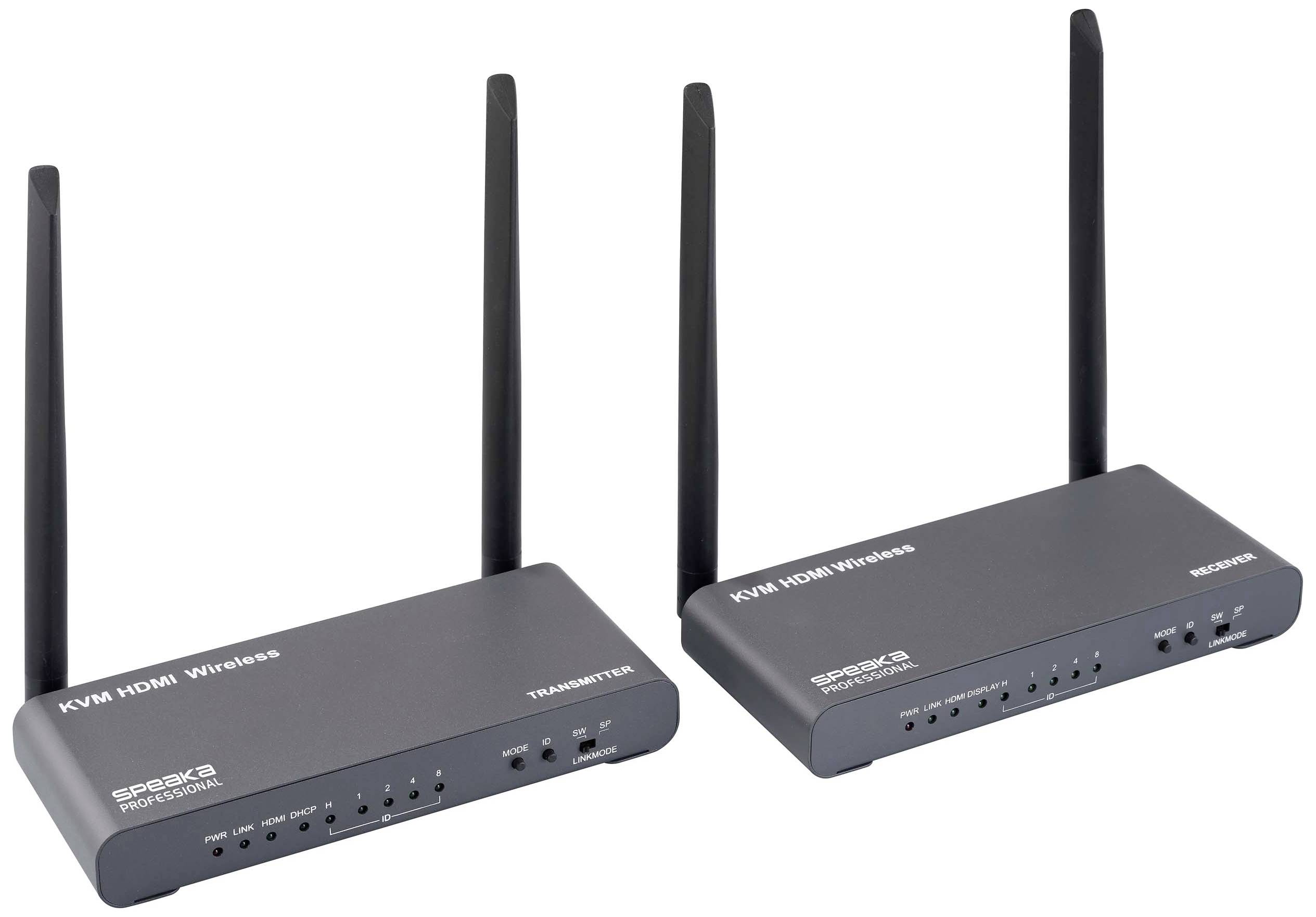 SpeaKa Professional SP-HDE-620 HDMI-Funkübertragung (Set) 100m 5GHz 3840 x 2160 Pixel KVM-Funktion (Tastatur, Bildschirm, Maus)