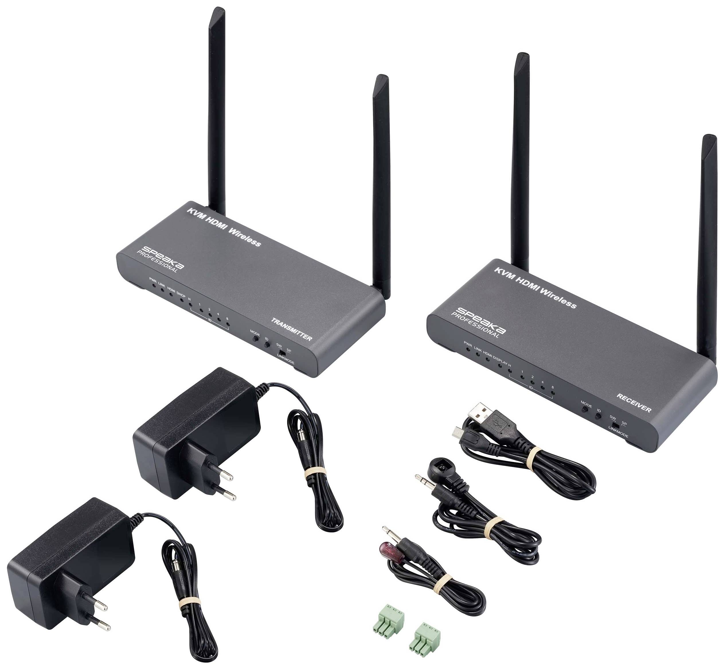 SpeaKa Professional SP-HDE-620 HDMI-Funkübertragung (Set) 100m 5GHz 3840 x 2160 Pixel KVM-Funktion (Tastatur, Bildschirm, Maus)