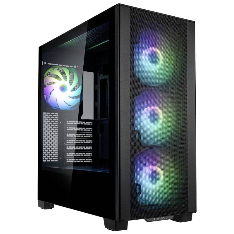 Ein schwarzer Computergehäuse mit drei RGB-beleuchteten Lüftern vorne und einem an der Seite. Plexiglasfenster zeigt das Innenleben.