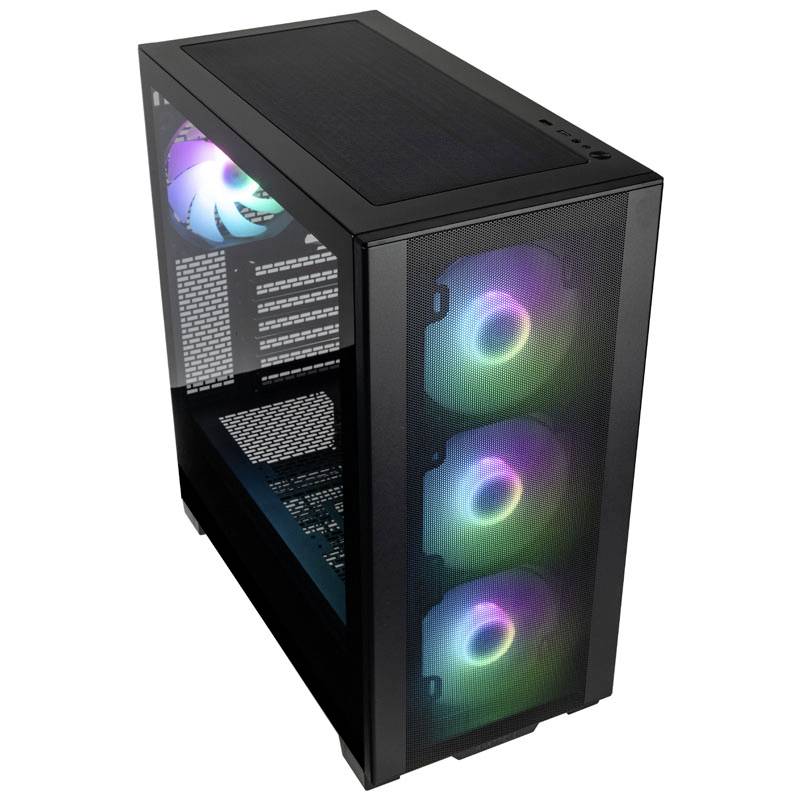 PC-Gehäuse mit transparentem Seitenteil und beleuchteten RGB-Lüftern an Vorder- und Rückseite, geeignet für Gaming-PCs.
