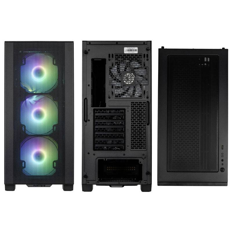 Ein Computergehäuse mit drei farbig beleuchteten Lüftern vorne, einer Lüfteröffnung hinten und Anschlüssen an der Seite.