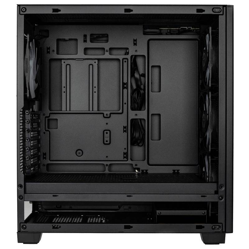 Leeres schwarzes Computergehäuse mit mehreren Lüfterplätzen und Kabelführungsmöglichkeiten, bereit für den Einbau von Komponenten.
