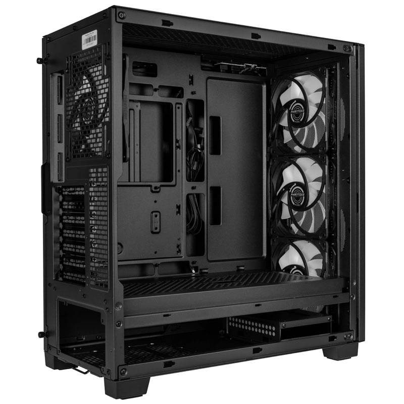 Ein offenes Computergehäuse mit sichtbaren Lüftern und Kabelführungen. Kein Computerzubehör eingebaut.