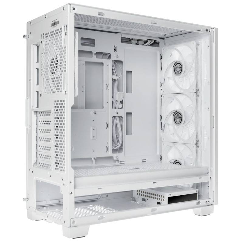Ein offenes, weißes PC-Gehäuse mit mehreren Lüftern. Es zeigt Fächer für Computerkomponenten wie Hauptplatine und Laufwerke.