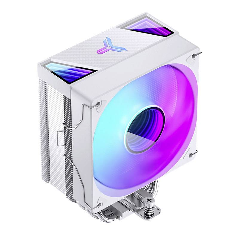 Ein weißer CPU-Kühler mit einem großen, runden Lüfter, der in leuchtenden Regenbogenfarben beleuchtet ist, vor einem neutralen Hintergrund.