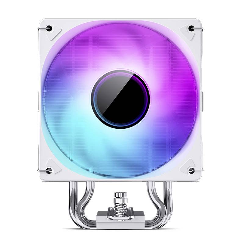 Ein Computerlüfter mit RGB-Beleuchtung in Violett- und Blautönen, montiert auf einem Metallrahmen, wird frontal dargestellt.