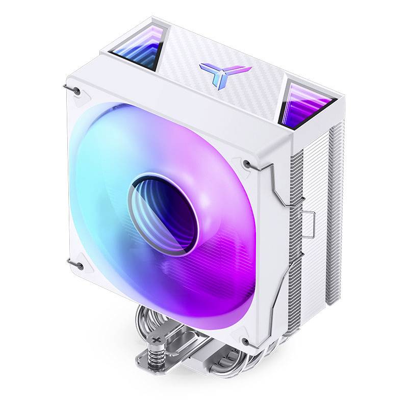 Ein Computerprozessor-Kühler mit weißem Gehäuse und einem Lüfter, der in blauen und violetten Lichtern leuchtet. Ideal für PC-Kühlung.