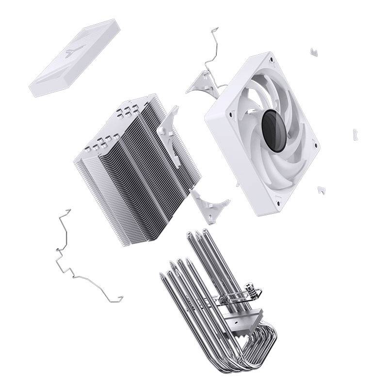 Zerlegte Computer-Kühlkomponenten mit Lüfter, Kühlrippen und Heatpipes. Ideal für einen Überblick über die Bauweise.