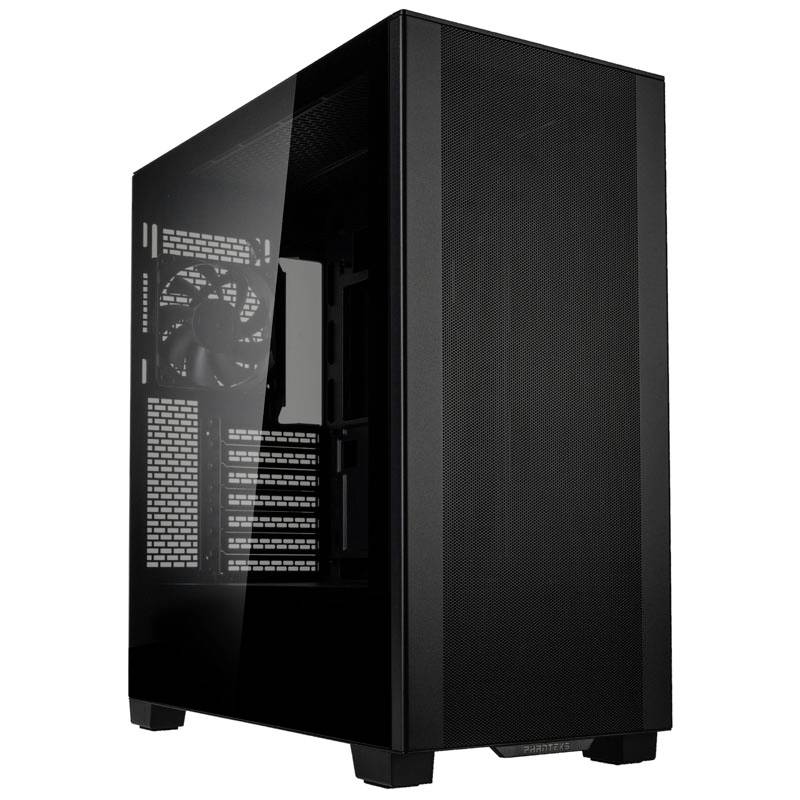 Ein schwarzes Computergehäuse mit Seitenfenster, das Einblicke in die innere Hardware bietet. Der Lüfter ist sichtbar und funktional.