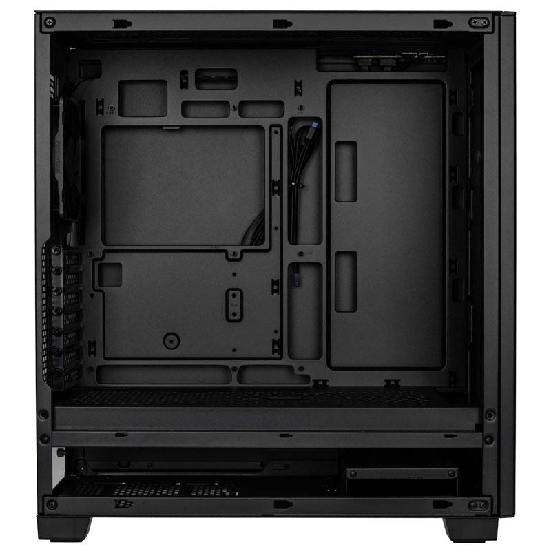 Leeres Computergehäuse von innen, zeigt Platz für Mainboard, Festplatten und Kabelmanagement, ohne installierte Hardware.