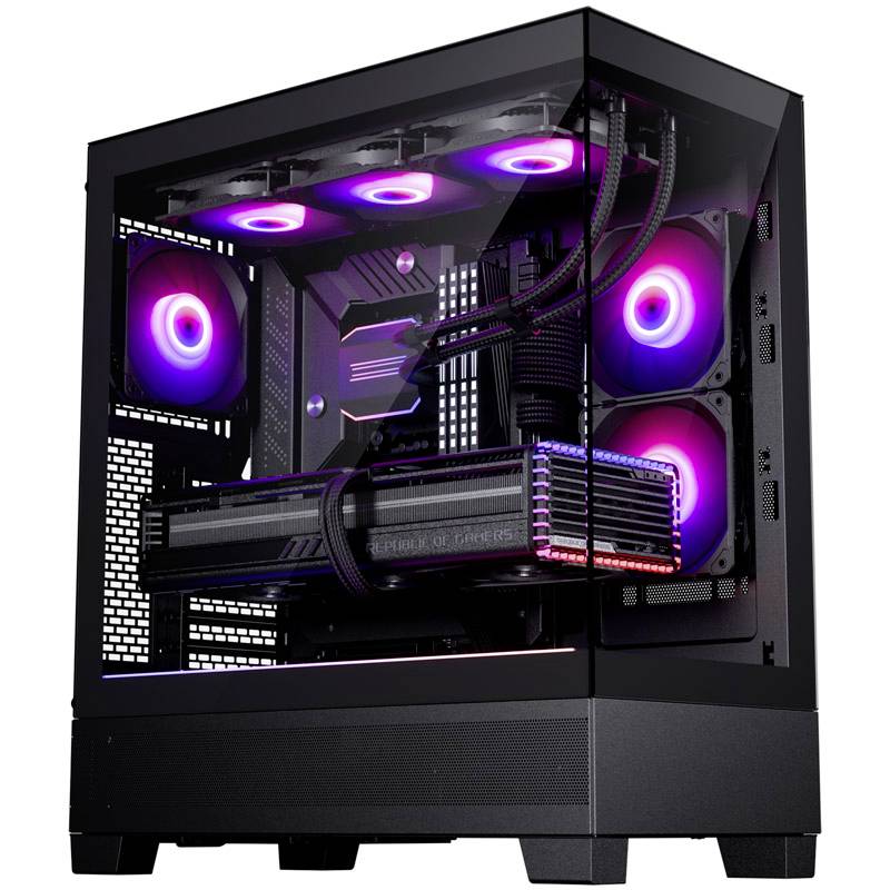 Ein Gaming-PC mit transparentem Seitenteil; innen leuchten rosa LED-Lichter auf den Lüftern und am Kühlsystem, schwarz-rote Hardware.