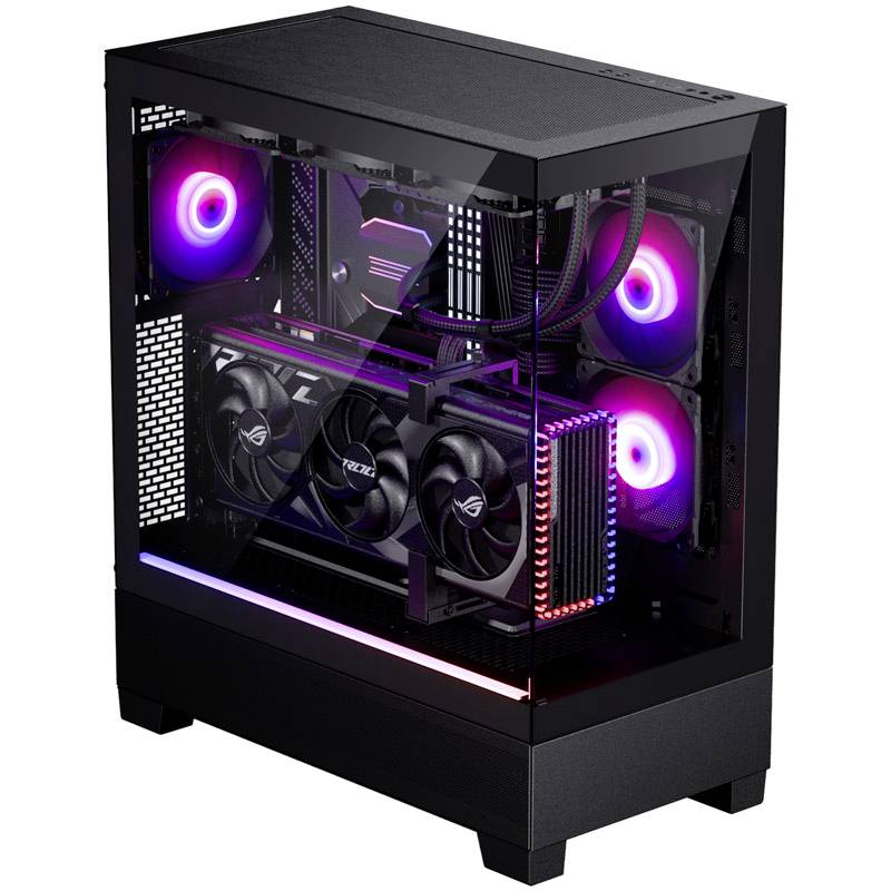Moderner Computergehäuse mit transparentem Seitenteil, zeigt RGB-beleuchtete Lüfter und leistungsstarke Grafikkarte im Inneren.