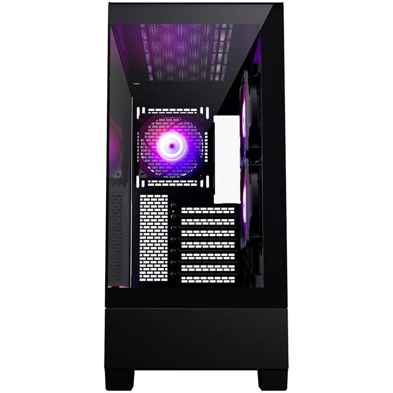 Schwarzes PC-Gehäuse mit transparentem Seitenteil, zeigt beleuchtete Lüfter in lila und pink.