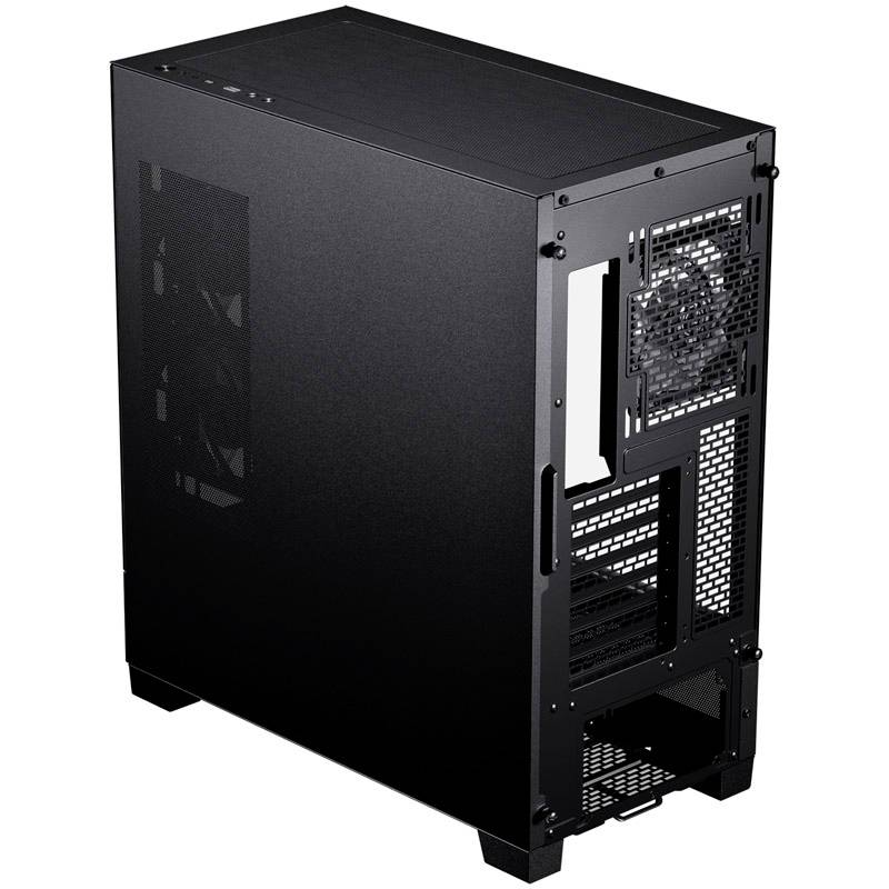 Ein schwarzes PC-Gehäuse mit seitlichem Lüfter, geeignet für Computerkomponenten. Rückseite zeigt offene Belüftungskonstruktion.