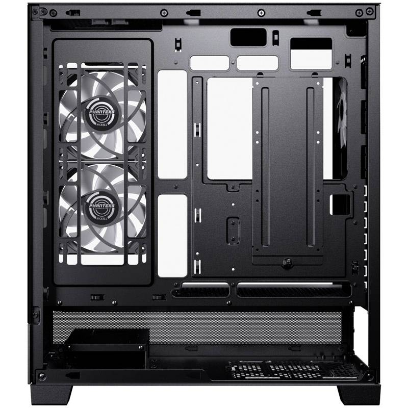 Schwarzes Computergehäuse von innen, mit zwei Lüftern und mehreren Montageplätzen für Hardware-Komponenten.