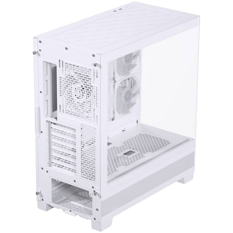 Ein weißes PC-Gehäuse mit klarer Seitenwand zeigt Lüfter im Inneren, geeignet für Computerkomponenten und Kühlung.