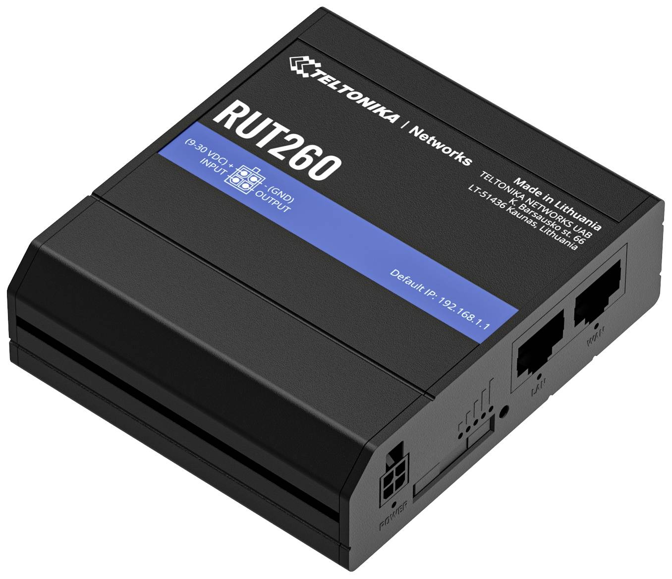 Ein schwarzer Router, Modell 'RUT260' von Teltonika Networks, zeigt zwei Ethernet-Anschlüsse und Netzteilanschluss auf der Seite.