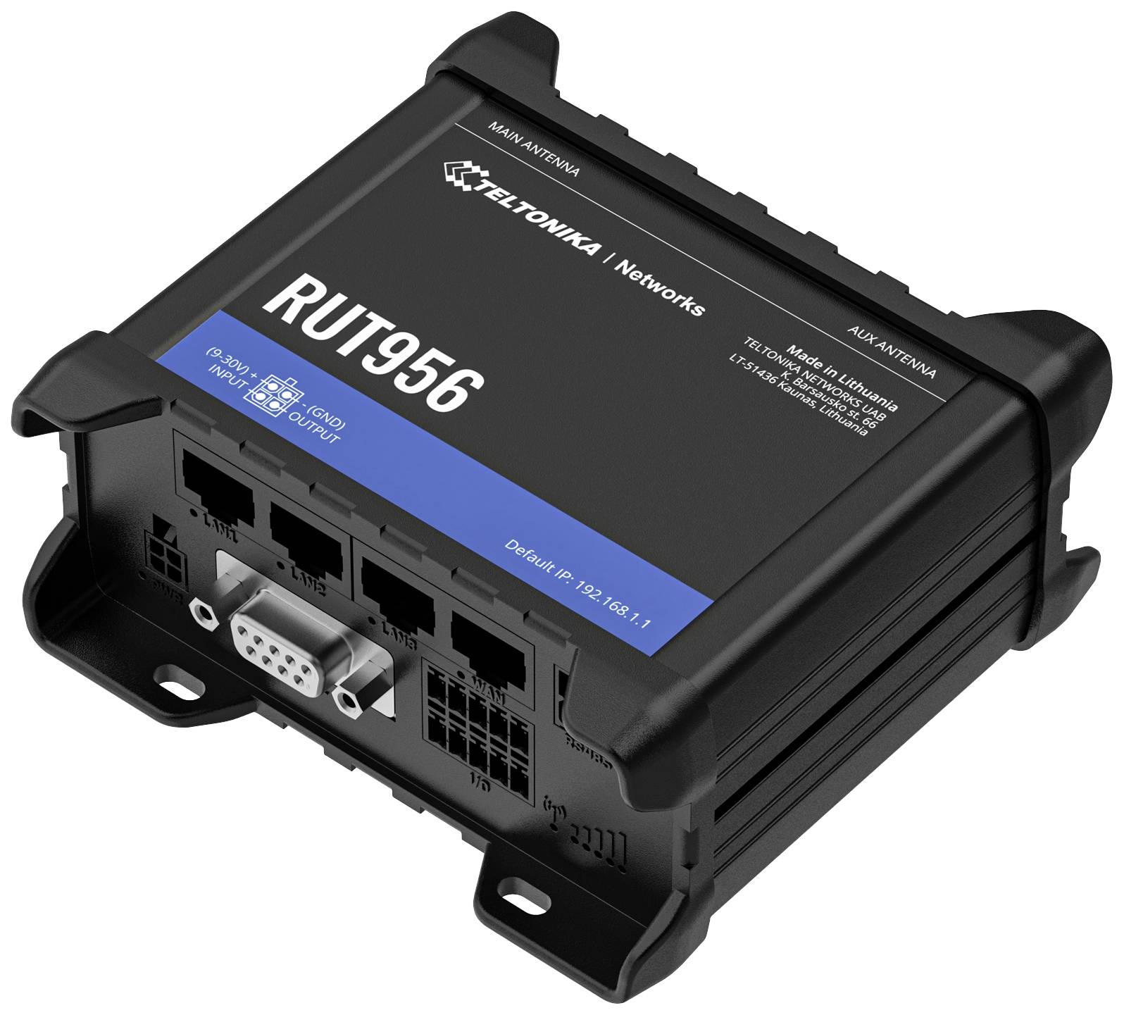 Ein schwarzer Router mit mehreren Ethernet- und COM-Anschlüssen. Modellname 'RUT956' ist auf der Oberseite zu sehen.