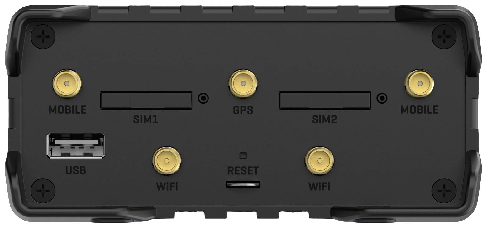 Rückseite eines elektronischen Geräts mit zwei SIM-Kartensteckplätzen, GPS-Anschluss, USB-Anschluss, zwei Wi-Fi-Anschlüssen und Reset-Taste.