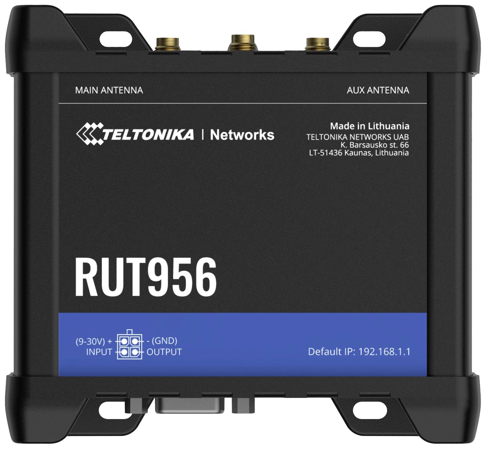 'TELTONIKA RUT956' schwarzer Netzwerkrouter, kompakter rechteckiger Kasten mit Antennenanschlüssen oben.
