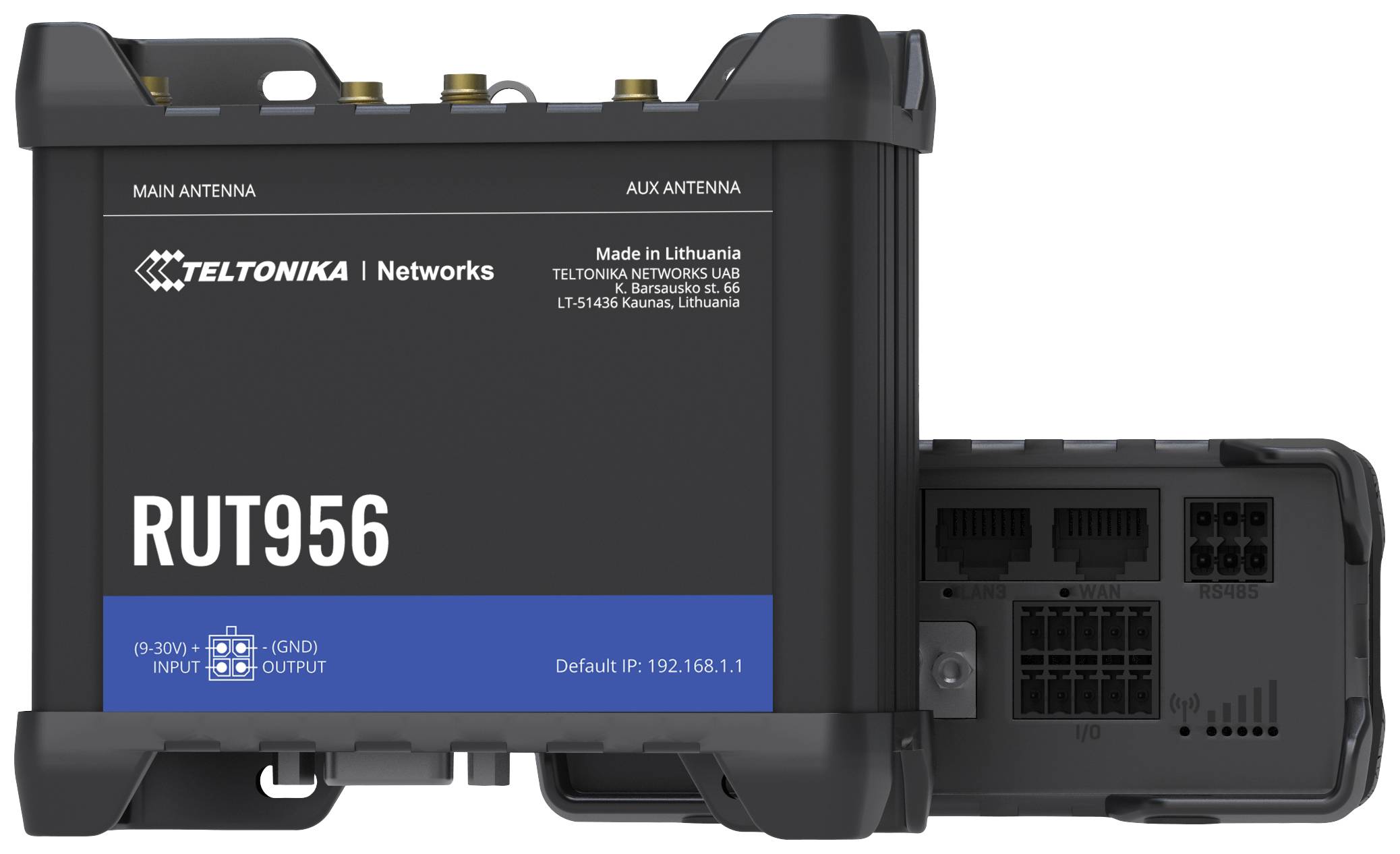 Das Bild zeigt einen schwarzen Router mit der Aufschrift 'RUT956' von Teltonika Networks. Hinten sind verschiedene Anschlüsse sichtbar.