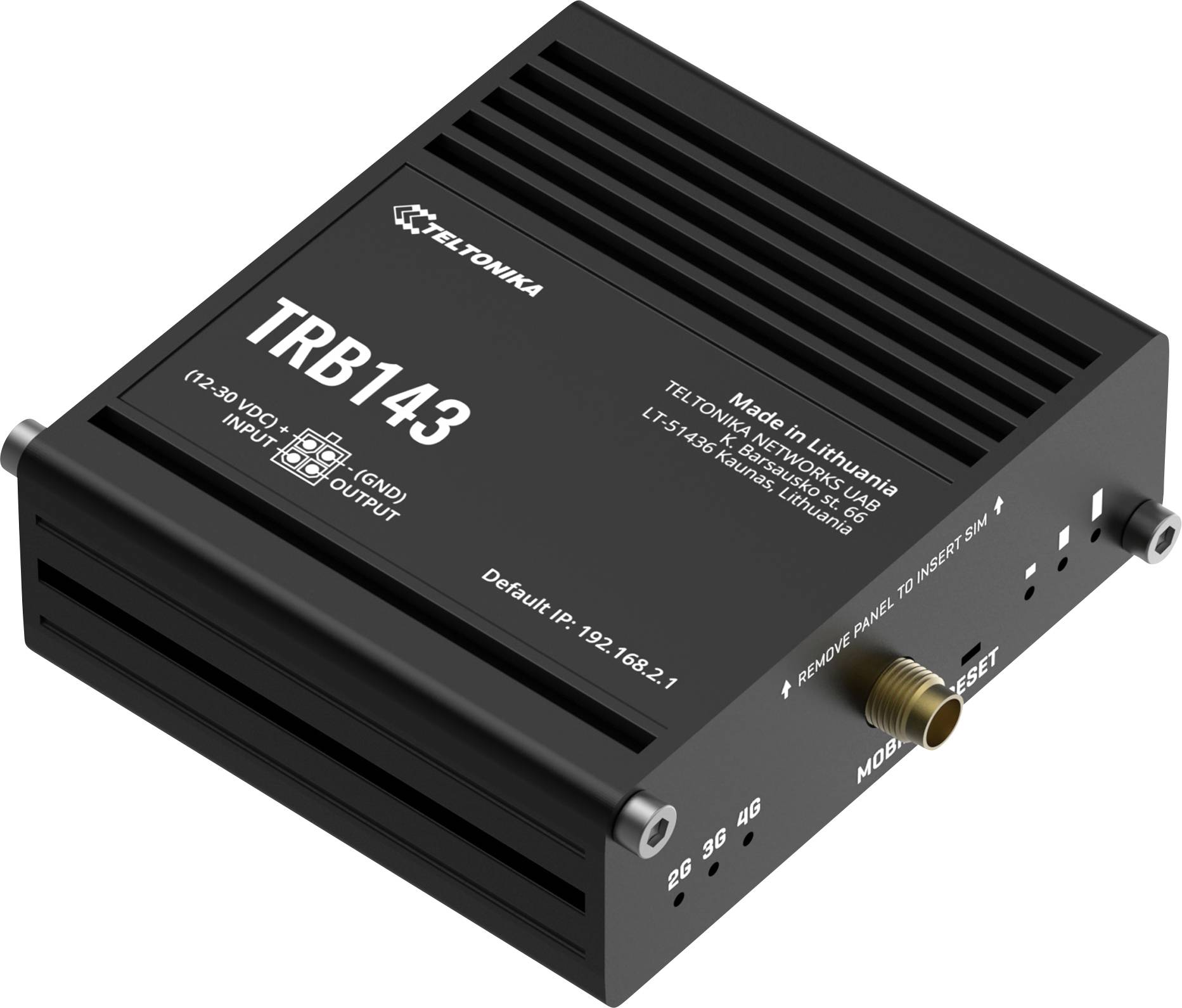 Schwarzer TRB143 Teltonika industrieller Mobilfunkrouter/Modem mit Antenneanschlüssen und Ethernet-/Reset-Verbindungen in schräger Produktansicht.