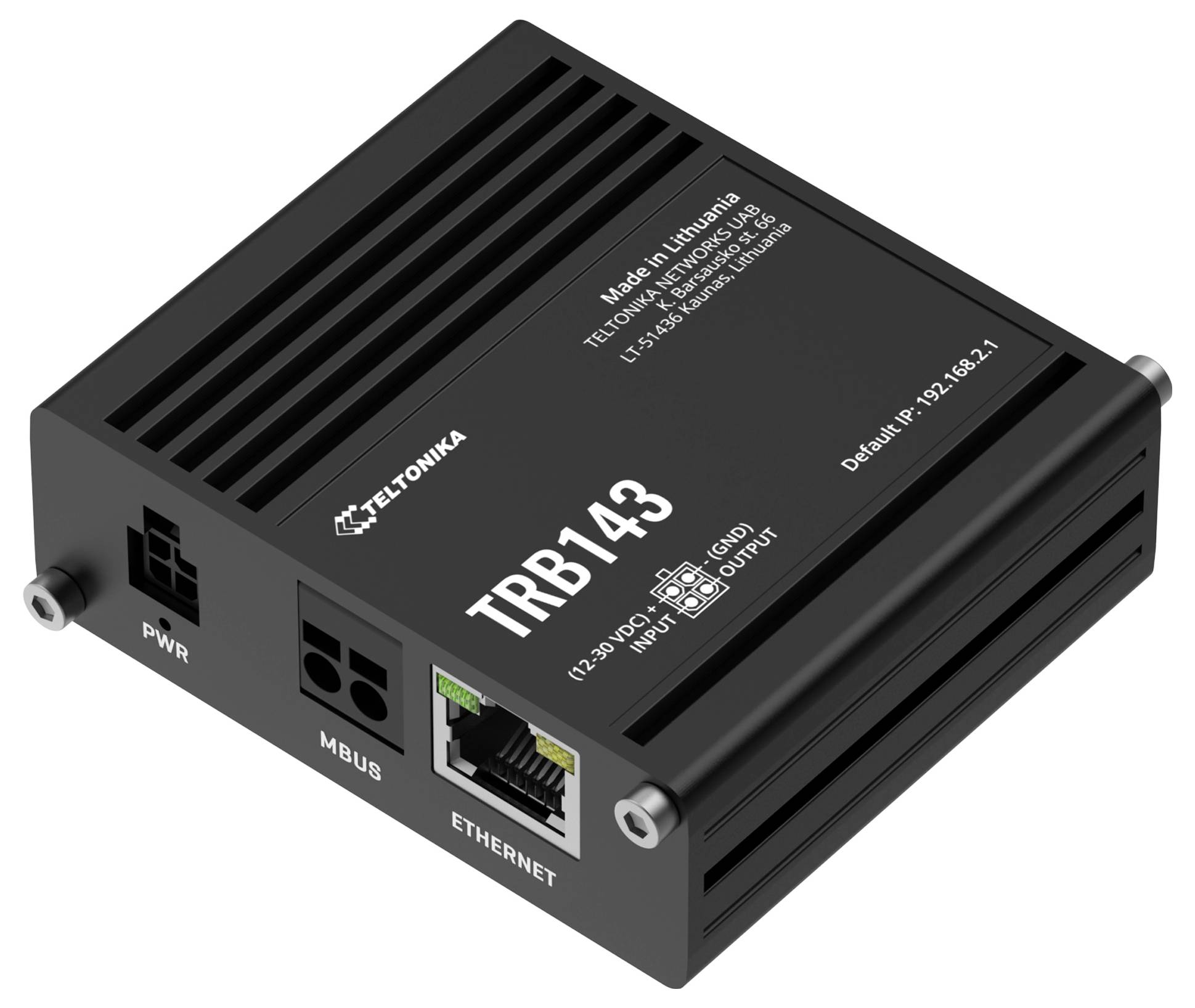Ein silbernes Netzwerkgerät von Teltonika mit der Modellnummer TRB143, Anschlüssen für Strom und Ethernet, hergestellt in Litauen.