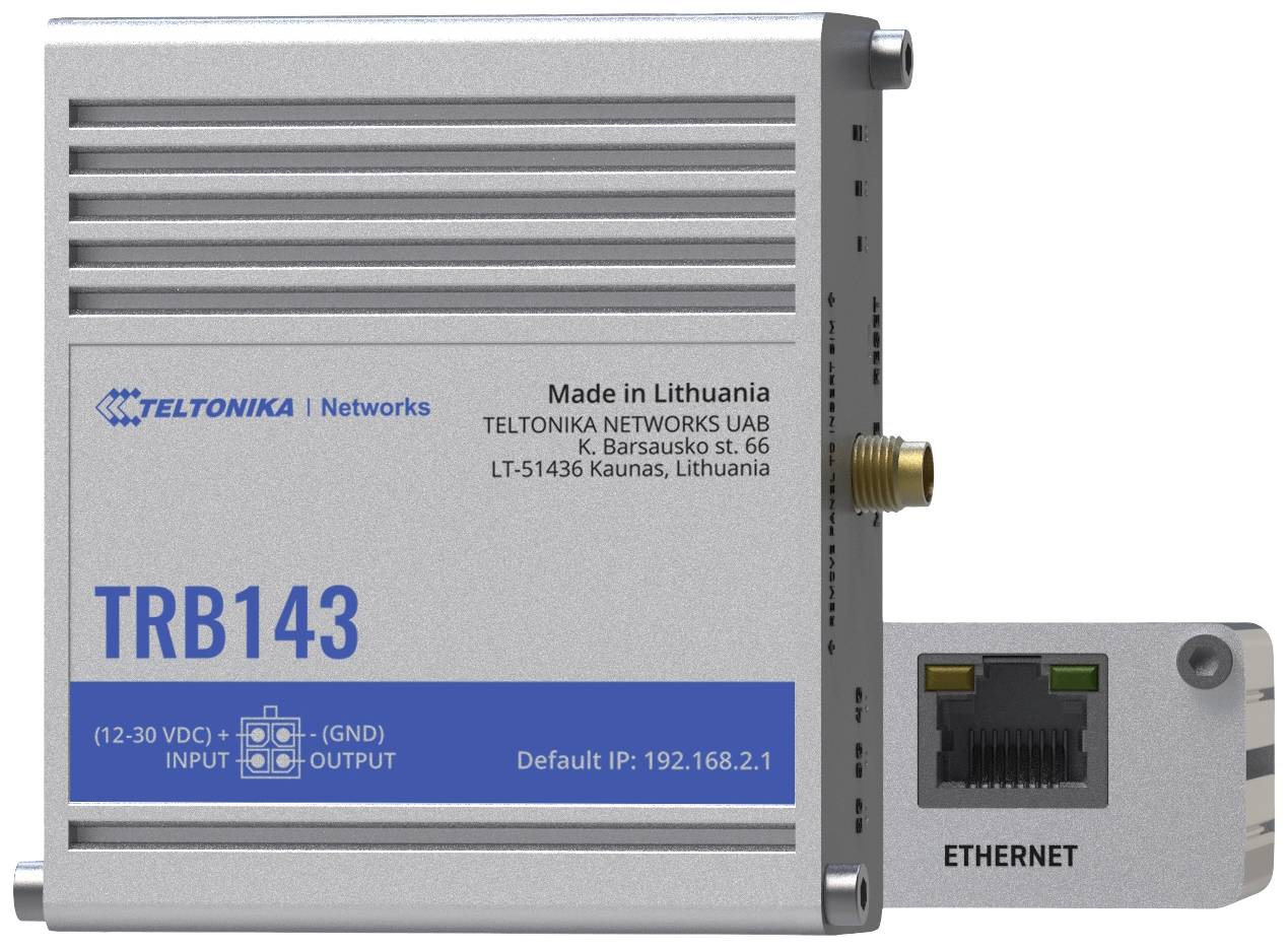 Ein silbernes Netzwerkgerät von Teltonika mit der Modellnummer TRB143, Anschlüssen für Strom und Ethernet, hergestellt in Litauen.