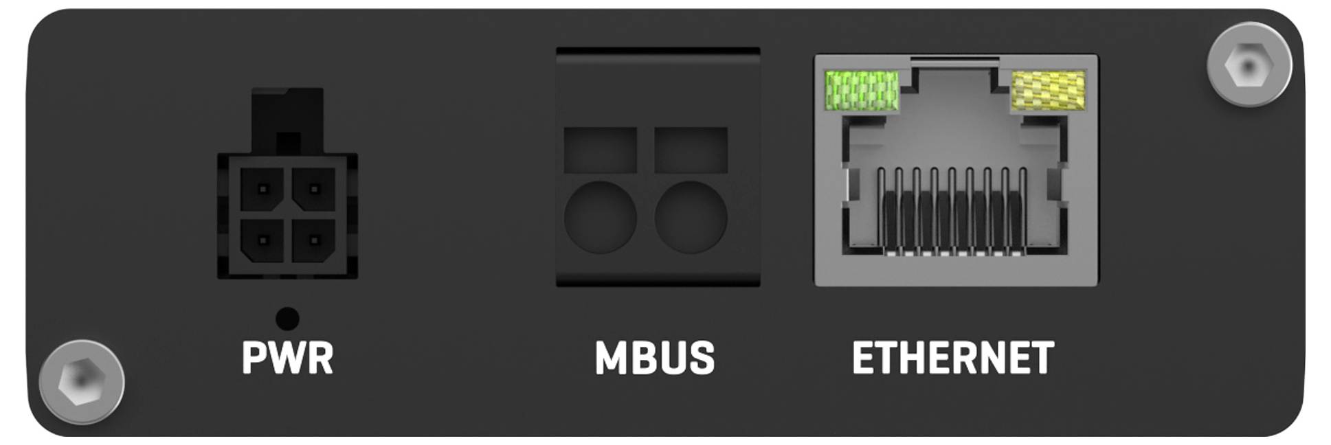 Nahaufnahme einer Geräteanzeige mit drei gekennzeichneten Anschlüssen: PWR, MBUS und ETHERNET, wobei die Ethernet-Buchse durch farbige Statusanzeigen hervorgehoben wird.