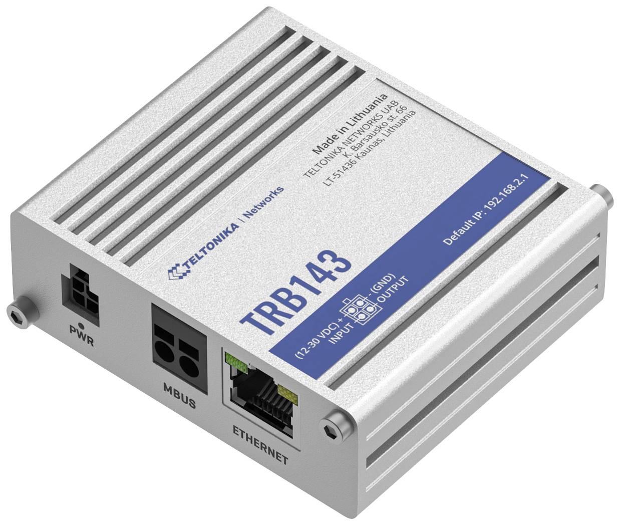 Industriegerät TRB143 von Teltonika Networks mit Ethernet- und MBUS-Anschlüssen, IP-Adresse 192.168.2.1 angegeben.