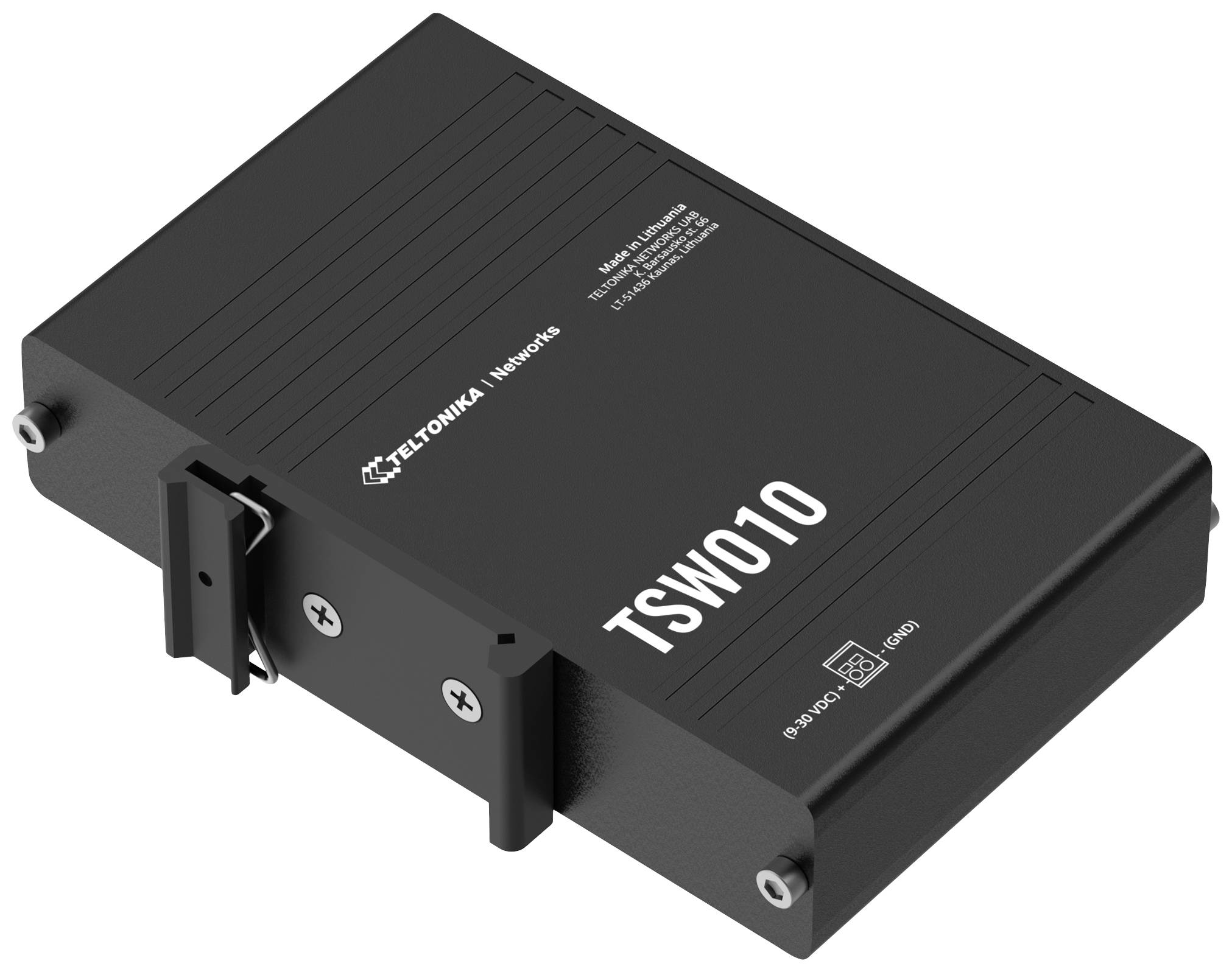 Schwarzer Netzwerk-Switch 'TSW010' von Teltonika, rechteckig, mit Markenlogo und weißen Beschriftungen auf der Oberseite.