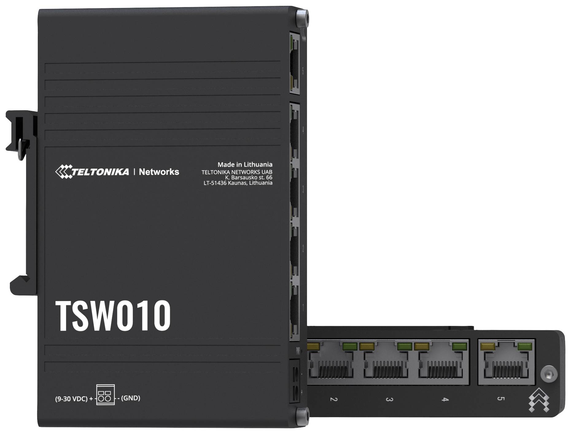 Netzwerk-Switch von Teltonika mit Modellnummer TSW010, schwarzes Gehäuse, bietet mehrere Ethernet-Ports für Verbindungen.