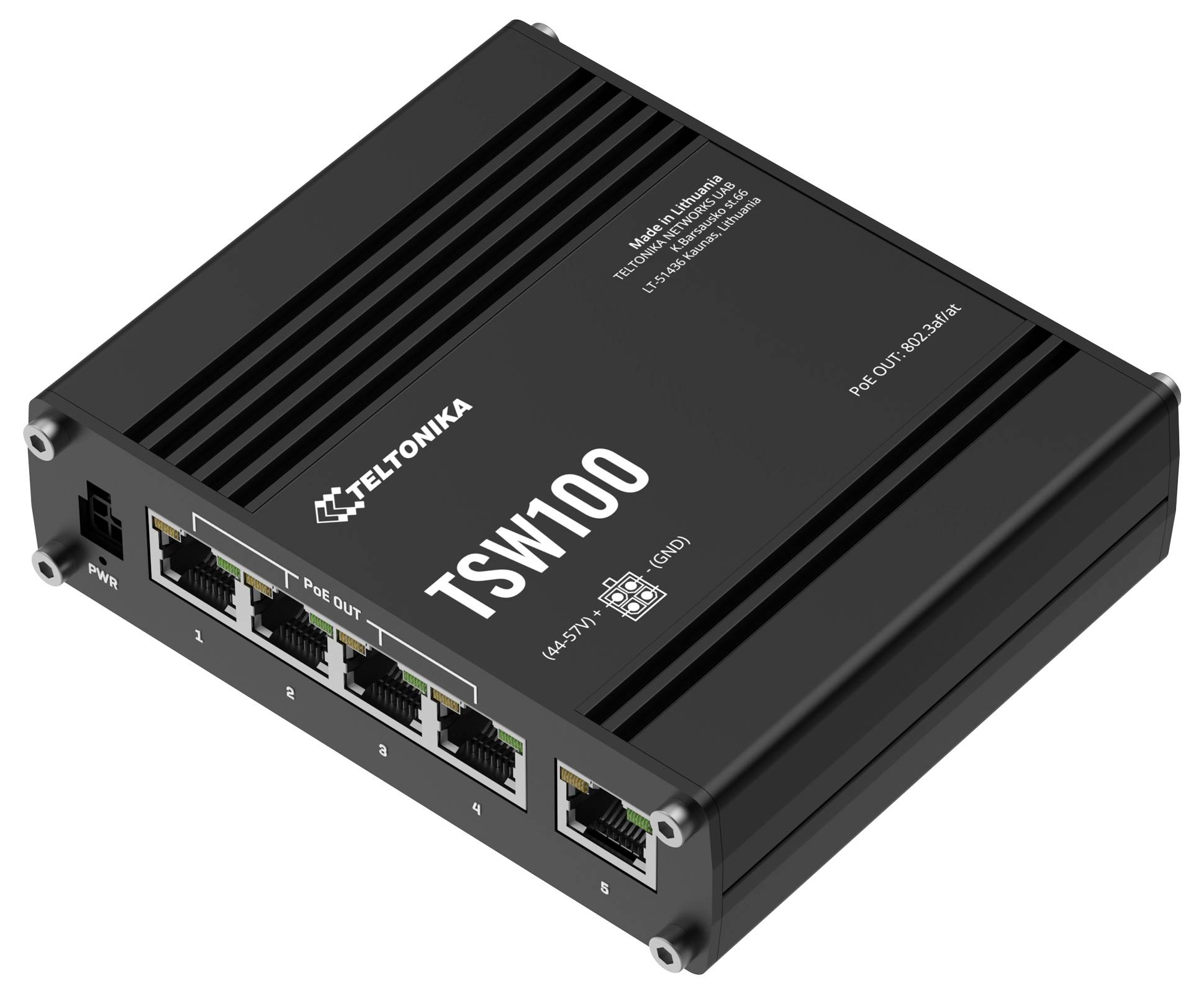 Netzwerk-Switch von Teltonika, Modell TSW100, mit fünf Ethernet-Ports, geeignet für PoE-Anwendungen.