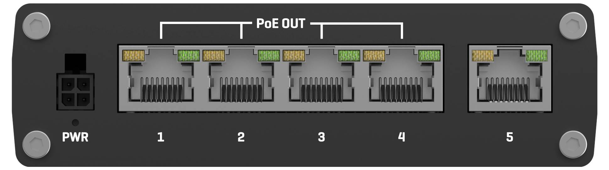 Ein Netzwerk-Switch mit der Bezeichnung 'TELTONIKA TSW100', zeigt vier Ethernet-Ports und wird durch PoE betrieben.