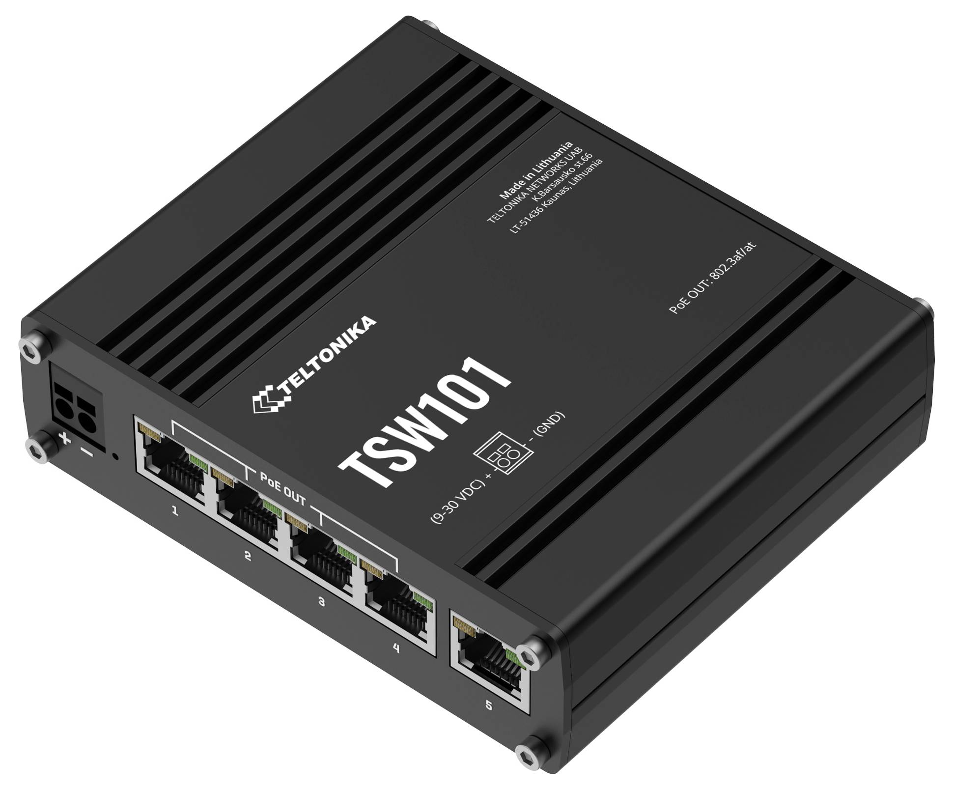 Bild eines kompakten Metallgehäuses mit dem Modell 'TSW101'. Es hat Power-over-Ethernet-Ausgänge und Ethernet-Ports auf der rechten Seite.