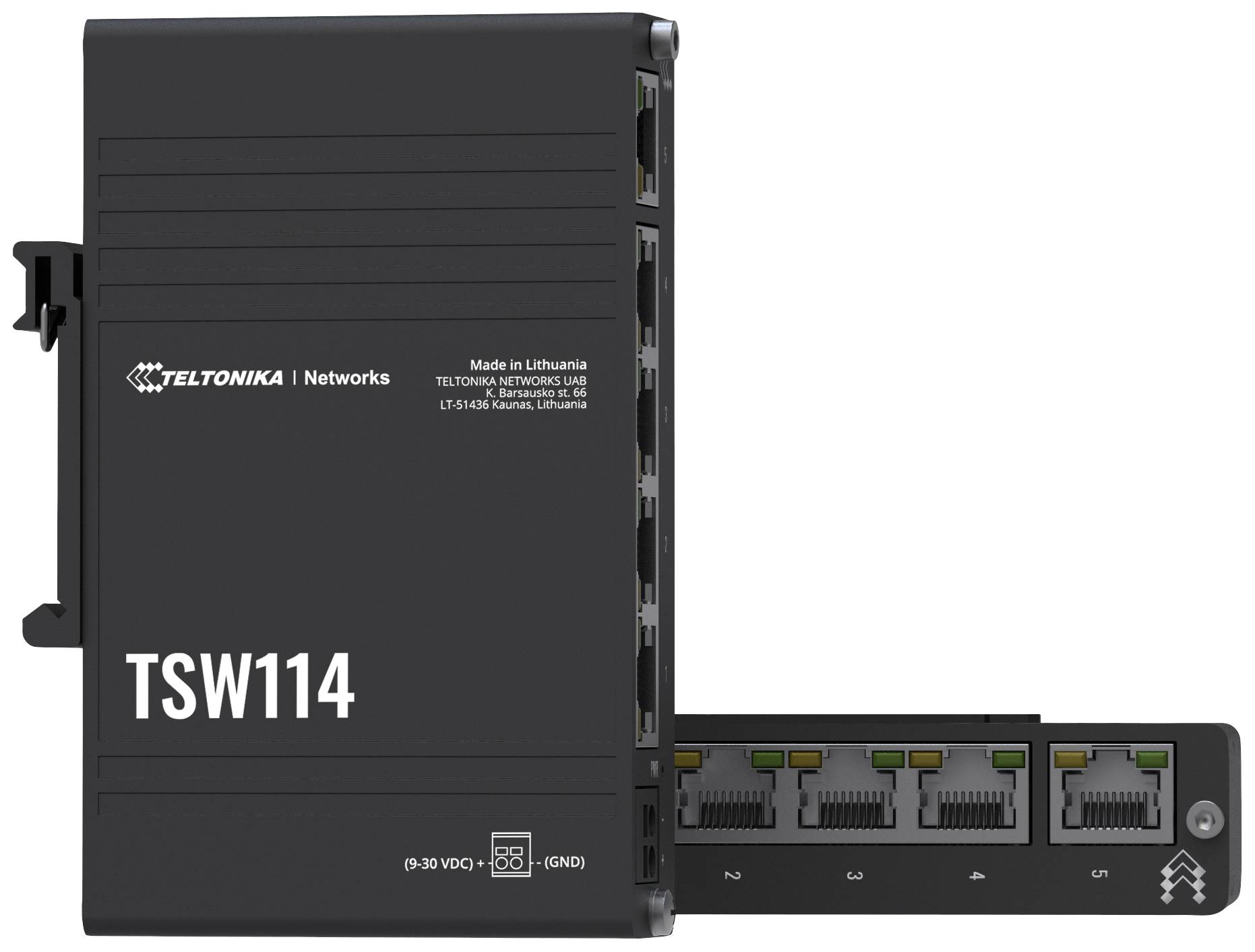 Schwarzer TSW114 Netzwerk-Switch mit fünf Ethernet-Ports, Stromanschluss und Beschriftung 'TELTONIKA NETWORKS'. Hergestellt in Litauen.