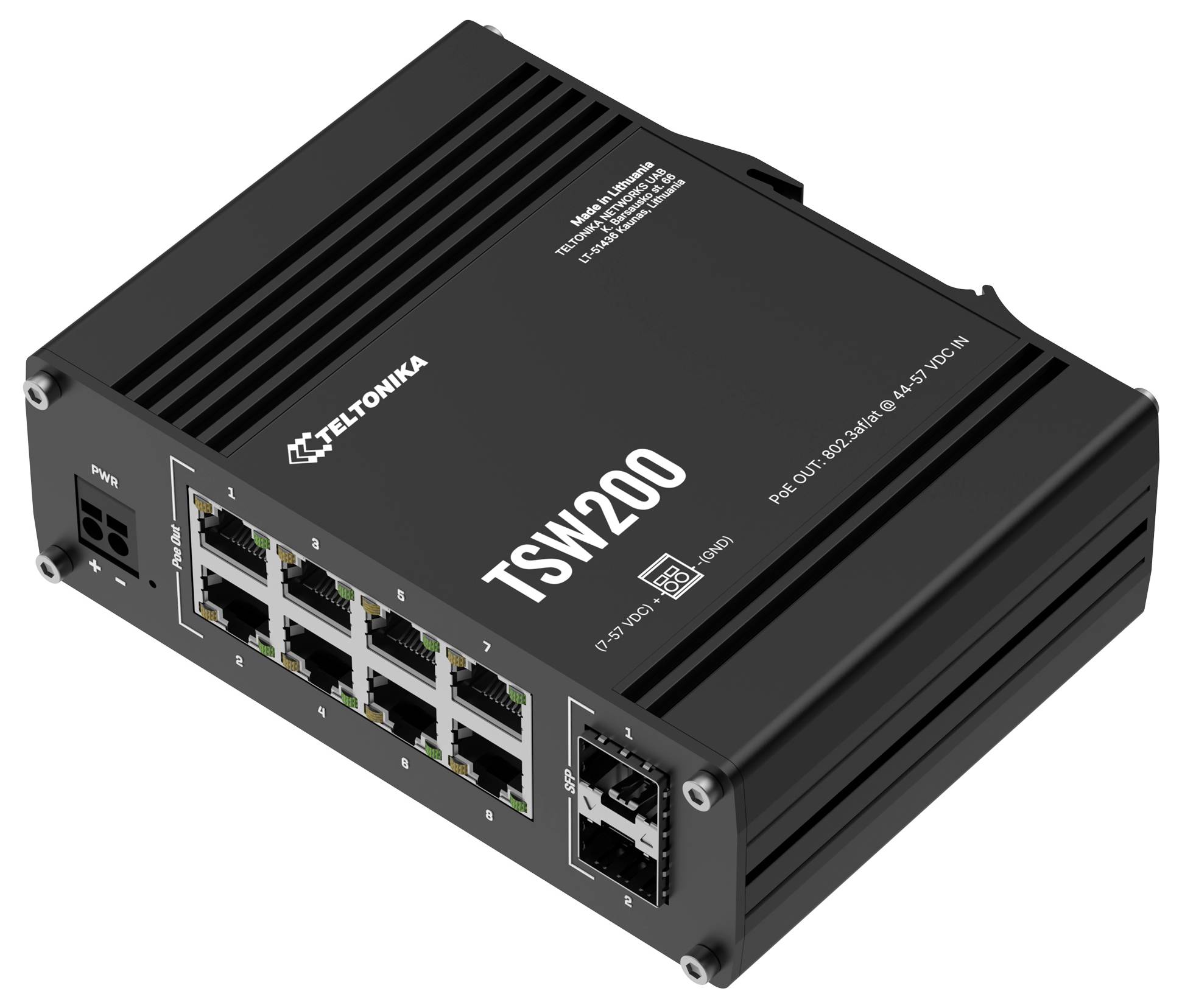 'TSW200' Netzwerkswitch von Teltonika mit mehreren Ethernet-Anschlüssen und PoE-Unterstützung. Text auf Gerät: 'Made in Lithuania'.