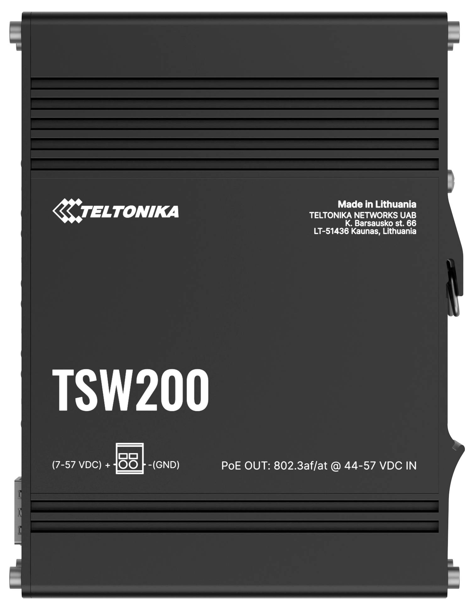 Ein grau-blauer Netzwerk-Switch 'TSW200' von Teltonika Networks mit mehreren Ethernet-Anschlüssen und einem robusten, metallischen Gehäuse.