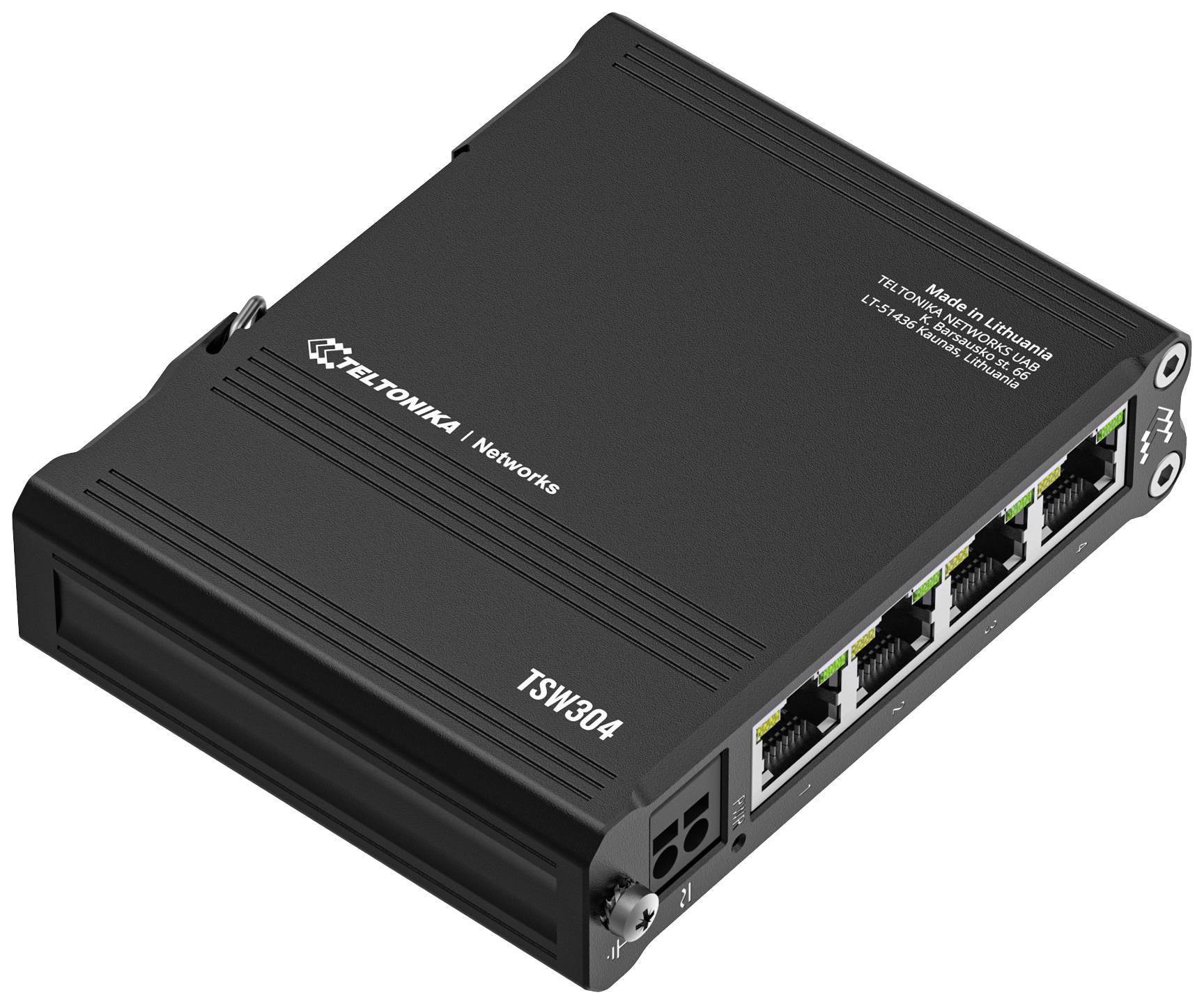 Schwarzer Netzwerk-Switch mit vier Ethernet-Ports der Marke Teltonika, Modell TSW304.