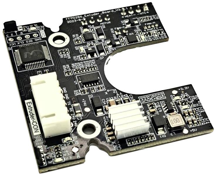 Platinenbild einer 3D-Drucker-Extrudersteuerung mit Mikrochip und verschiedenen elektronischen Komponenten und Anschlüssen.