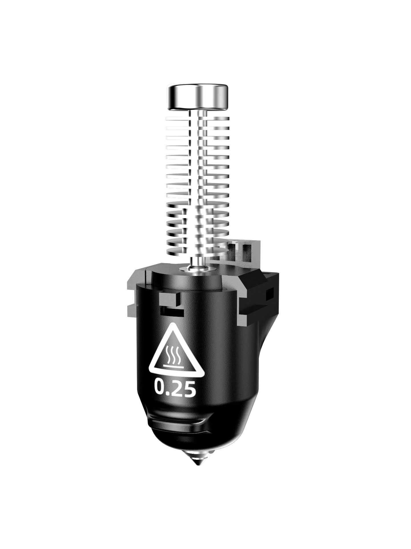 Ein schwarzer 3D-Drucker-Extruder mit einem Düsendurchmesser von 0,25 mm und einem Temperaturwarnsymbol.