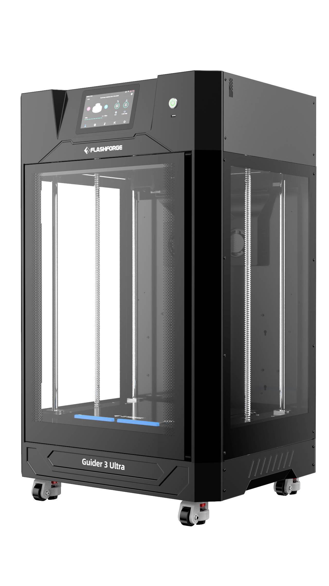 Flashforge Guider 3 Ultra 3D-Drucker, schwarz, mit großer Druckkammer und digitalem Display, auf Rollen für leichte Mobilität.