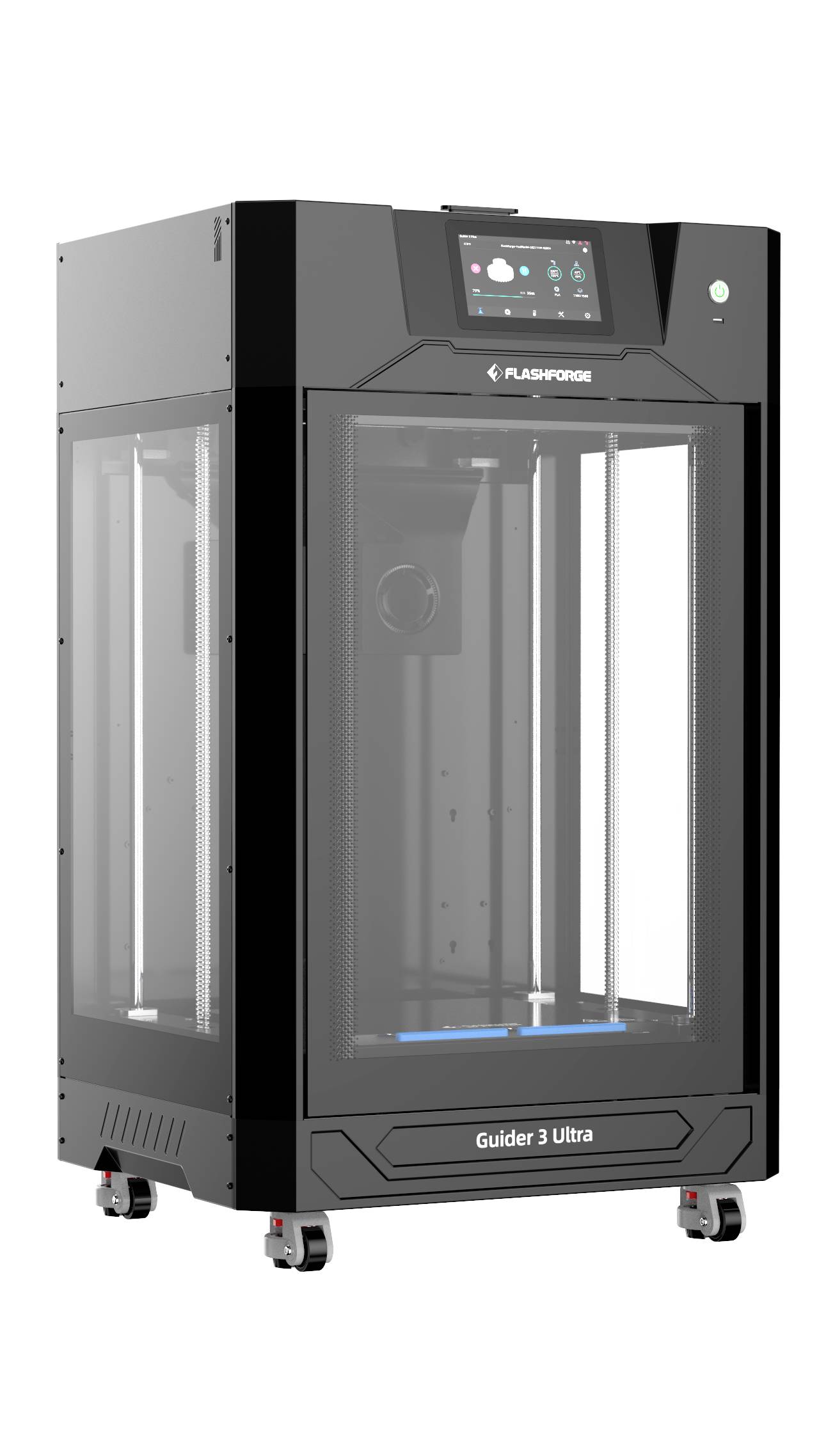 Ein 3D-Drucker mit einem schwarzen Gehäuse und einem Glasfenster, das einen Blick auf das Druckmodul im Inneren ermöglicht. Oben ist ein Bedienfeld sichtbar.