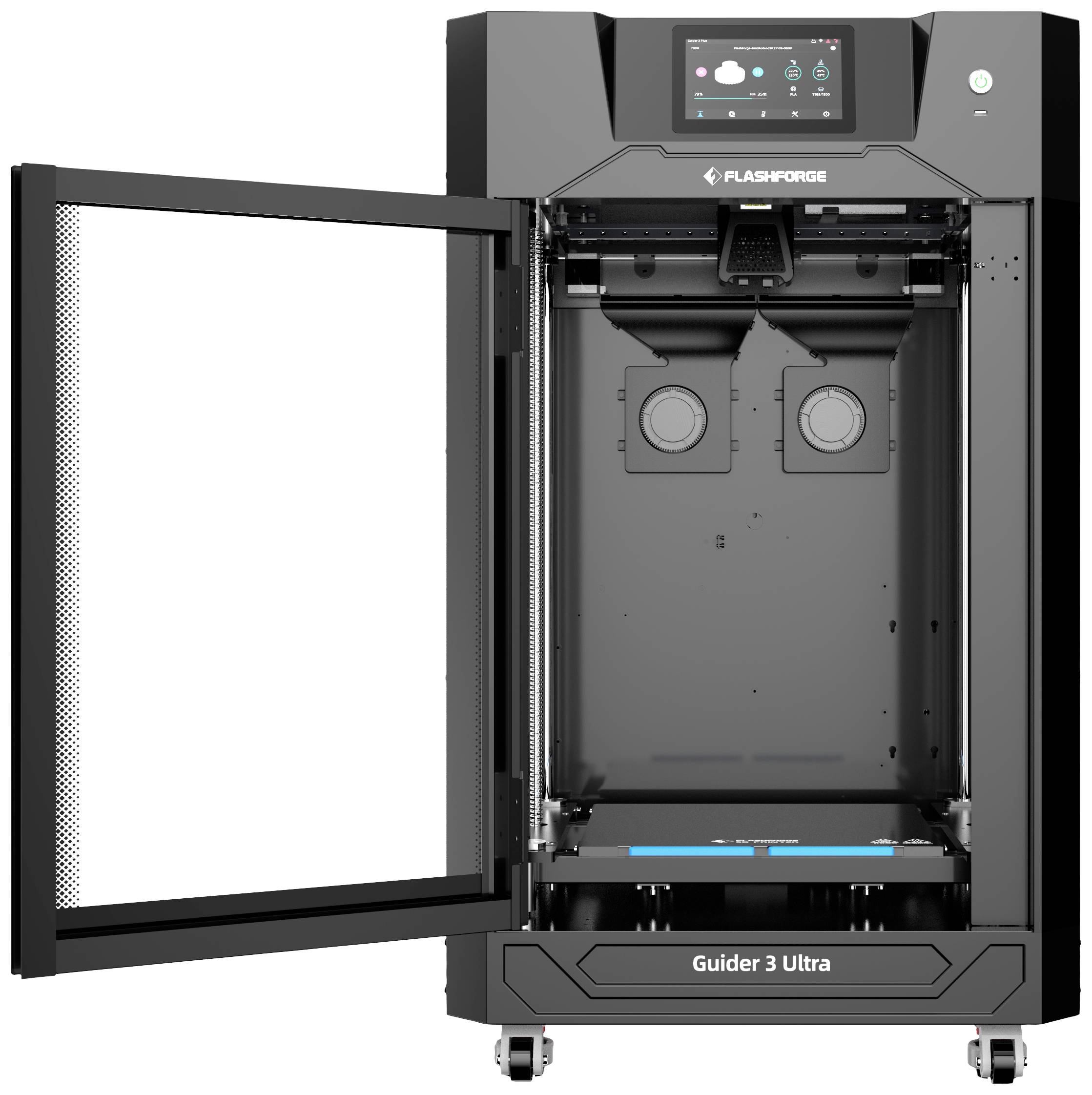 3D-Drucker mit geöffneter Tür, zeigt Innenraum und Bedienelemente. Bildschirm oben zeigt Statusanzeigen. Markenlogo sichtbar.