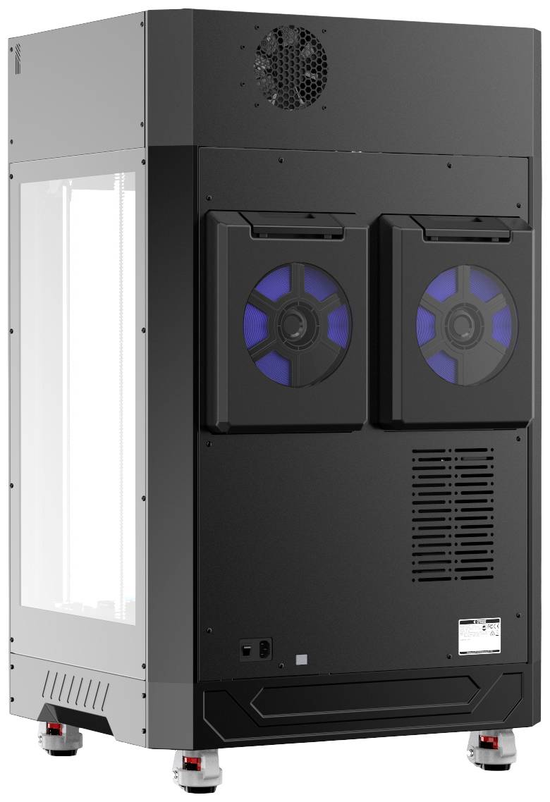 Das Bild zeigt ein großes, schwarzes Servergehäuse mit zwei Lüftern auf der Seite. Es steht auf vier Füßen und ist teilweise durchsichtig.